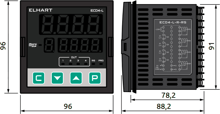 Габаритные размеры 4-х канального измерителя-регулятора ELHART серии ECD4, мм